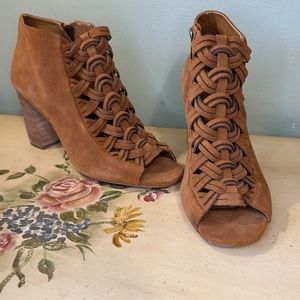 Michael Kors Tan Suede Woven Braided Open Toe Side Zip Ankle Boots Bootiies